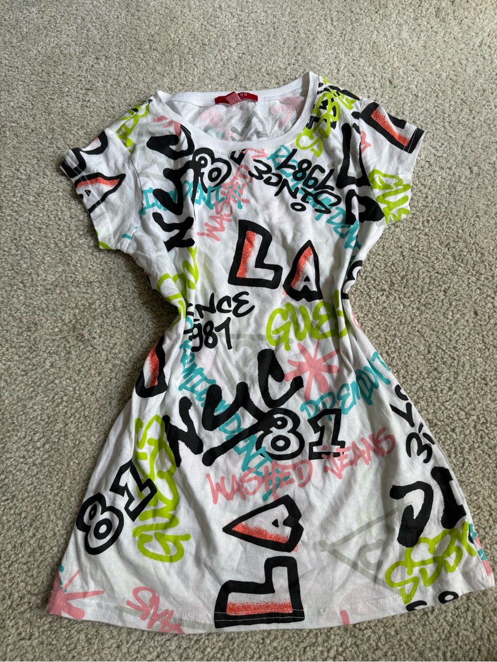 Guess White Multicolor Graffiti Print Mini Dress y2k streetwear